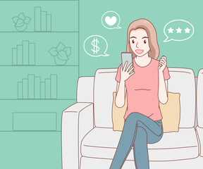 smiling long hair woman wearing t shirt sitting in chair holding smartphone and with icon money, heart, and star. girl looked excited and surprised. online business.