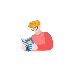 Young person reads educational books. Teenage man with glasses reading scientific notes, journals, magazines. He loves study, read notebooks, get knowledge. Vector illustration in cartoon style
