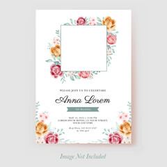 Fototapeta na wymiar Flower yellow pink watercolor Birthday invitation template
