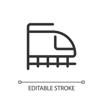 Rail transport pixel perfect linear ui icon. High-speed bullet train. Transferring passengers. GUI, UX design. Outline isolated user interface element for app and web. Editable stroke. Arial font used