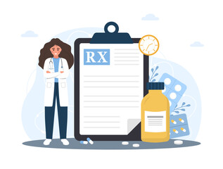 Medical prescription drugs concept. Female doctor in uniform standing near large recipe on clipboard. Diseases therapy pills. Pharmacy control. Vector illustration in flat cartoon style.