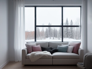 Nordic living room with window and winter wonderland view