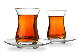 Glasses of Turkish tea on white background