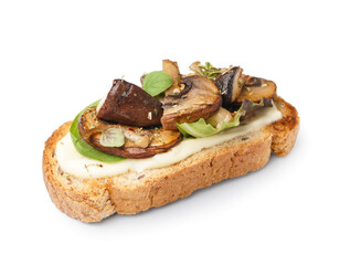 Tasty toast with cream cheese and mushrooms on white background