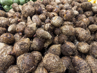 Fresh yams in the supermarket. Vegetables and fruits exposed for consumer choice. Brazilian hortifrutti