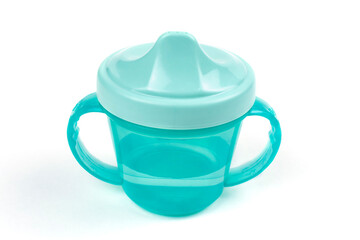 Children's mug (drinking cup) green (blue) on a white isolated background. Template, design.