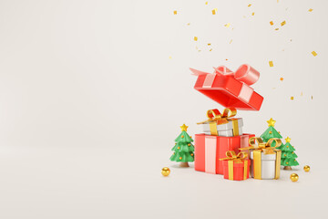 3D Rendering. Celebration concept. a set of gift boxes of various colors red white green and a Chrismas tree mini 3d. Merry Christmas, Marry New Year, Xmas. on background free space