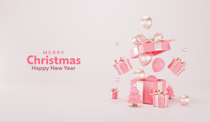 3D Rendering. Celebration concept. A series of pink gift boxes and Christmas trees mini 3d. Gift box pink color and balloons on background. Merry Christmas, Marry New Year, Xmas. Horizontal