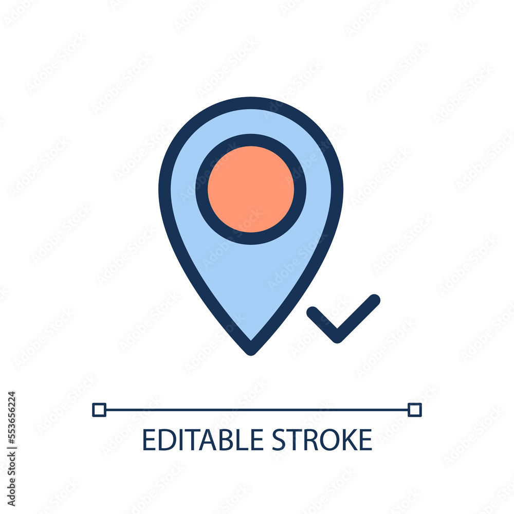 Poster reaching pinned destination pixel perfect rgb color ui icon. approved place. simple filled line elem