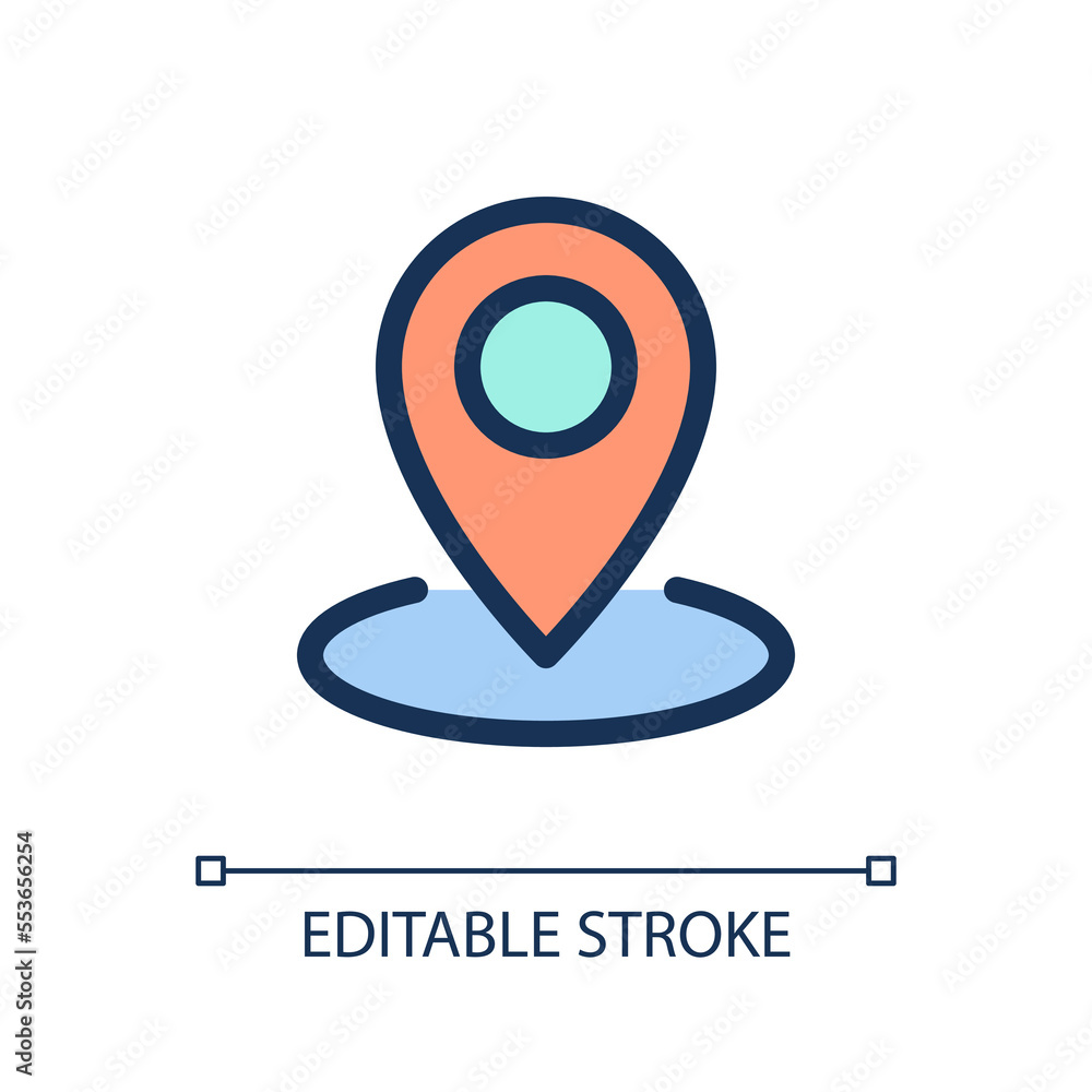Poster dropping pin point pixel perfect rgb color ui icon. find location on map. simple filled line element
