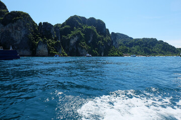 Natural landscape of green mountain cliff and crystal clear ocean sea in Phi Phi island- Krabi, Thailand