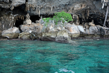 Exterior design of Home cave among sea rock cliff and bird's nest, Phi Phi island- Krabi, Thailand