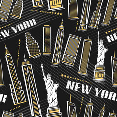 Vector New York City seamless pattern, square repeat background with illustration of contour illuminated buildings in united states on dark background, decorative urban poster with white word new york - obrazy, fototapety, plakaty