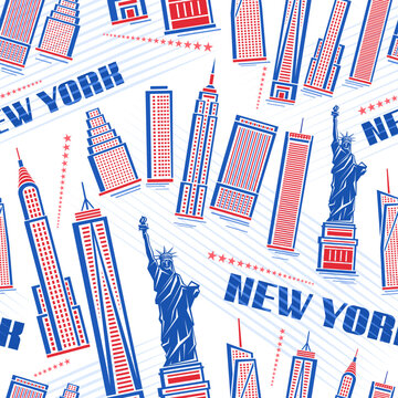 Vector New York City seamless pattern, square repeat background with illustration of red cartoon buildings and statue of liberty on white background, decorative urban poster with blue words new york