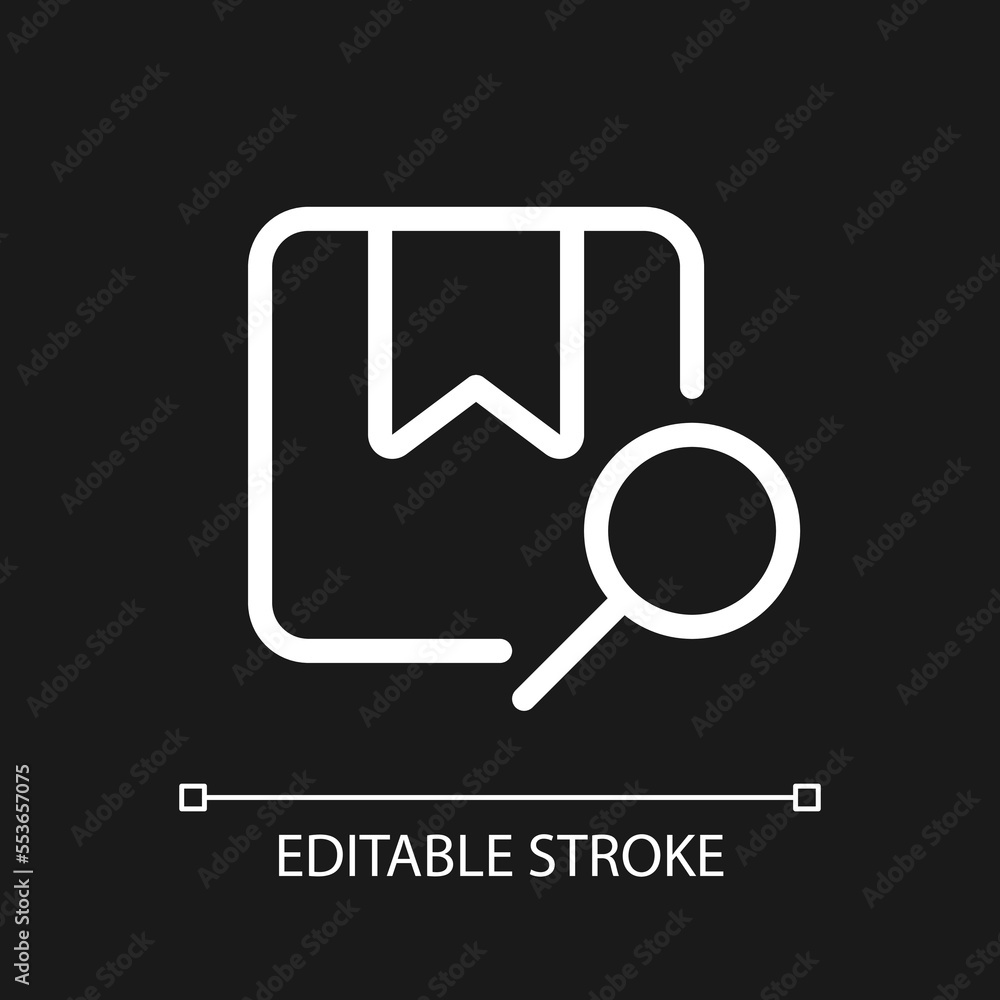 Poster find parcel pixel perfect white linear ui icon for dark theme. search for order online. vector line 
