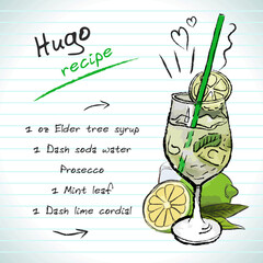 Hugo cocktail, vector sketch hand drawn illustration, fresh summer alcoholic drink with recipe and fruits	 - obrazy, fototapety, plakaty