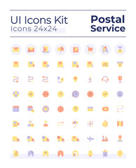 Fototapeta na wymiar Postal service flat color ui icons set. Parcel delivery. Send and receive letter. Mailing. GUI, UX design for mobile app. Vector isolated RGB pictograms. Montserrat Bold, Light fonts used