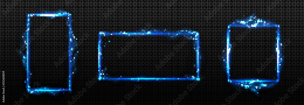 Poster lightning frames, blue electric borders of rectangular and square shapes with thunder bolt effect. i