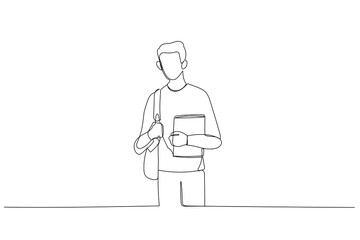 Cartoon of young student of carrying bagpack and holding books. One line art style