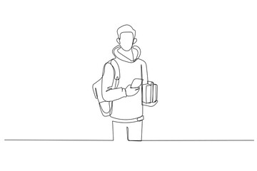 Drawing of happy young student with smartphone . Single continuous line art style