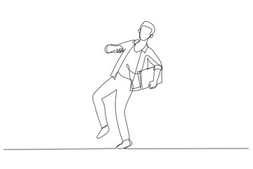 Drawing of student go to school with headphone running while listening to music. Single continuous line art style