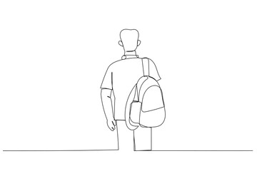 Drawing of back view young student walking to the university. Single continuous line art style