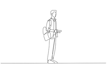 Cartoon of happy male student standing and posing. One line art style
