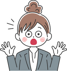 驚いてビックリする、髪を束ねた、ビジネスウーマンのイラスト