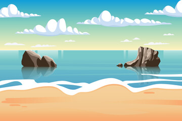 Beach coastline sea ocean scenery at day light with sun and clouds background vector illustration
