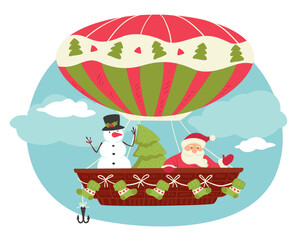 Xmas characters in air balloon, Santa and pine