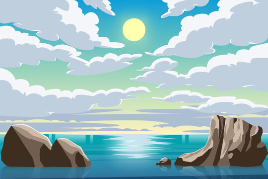 Sea ocean scenery at day light with sun and clouds background vector illustration