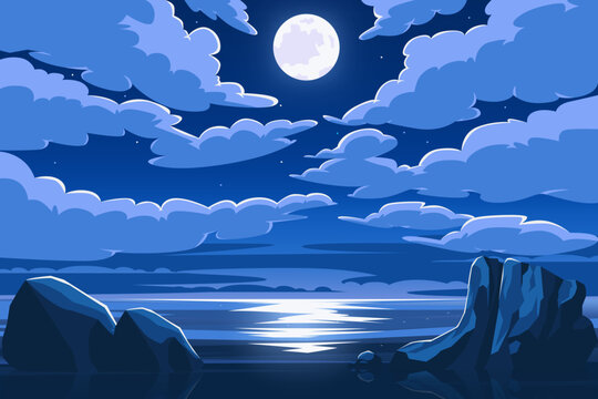 Sea ocean scenery at night with full moon and cloud background vector illustration