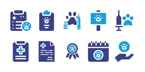 Veterinary icon set. Bold icon. Duotone color. Vector illustration. Containing vaccine, immunization, medical checkup, clipboard, sign, medical report, medical history, dog training, calendar, animal.