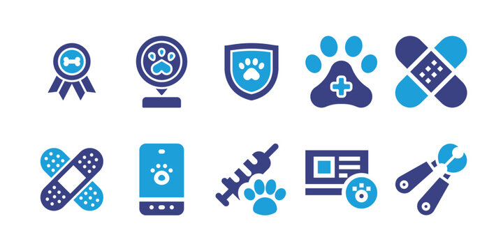 Veterinary Icon Set. Bold Icon. Duotone Color. Vector Illustration. Containing Plaque, Award, Paw, Band Aid, Placeholder, Bandage, Nail Clipper, Pet, Member Card, Vaccine.