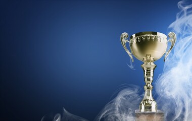 Beautiful big Trophy cup award in smoke on background