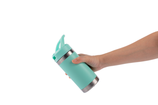 Hand holding cup cold storage. Tumbler glass cold store. on transparent background.
