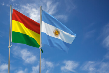 Plurinational State of Bolivia and Argentina Flags Over Blue Sky Background. 3D Illustration