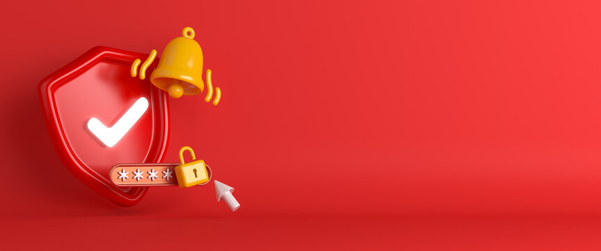 Security alert warning, secured protection concept with bell icon, guard shield, padlock, password on red background, copy space text, 3d rendering illustration