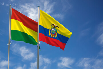 Plurinational State of Bolivia and Republic of Ecuador Flags Over Blue Sky Background. 3D Illustration
