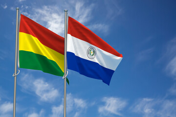 Plurinational State of Bolivia and Republic of Paraguay Flags Over Blue Sky Background. 3D Illustration