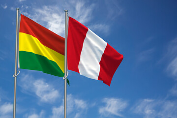 Plurinational State of Bolivia and Republic of Peru Flags Over Blue Sky Background. 3D Illustration