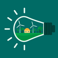 icon, sticker, button on the theme of saving and renewable energy with landscape with house, trees, clouds, wind turbines inside bulb..