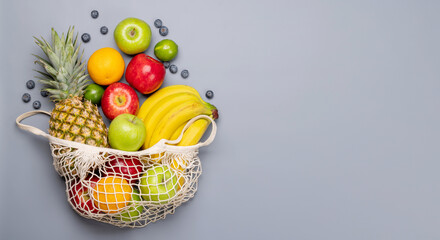 Shopping mesh bag full of healthy food