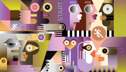 Horizontal abstract vector illustration of several small groups of people communicating with each other. Neo cubism digital artwork with gradient effect.