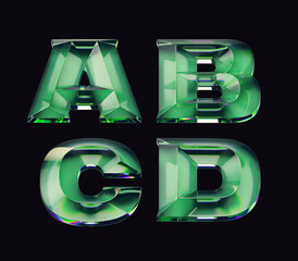 3d render of font set with letters made of glossy green glass