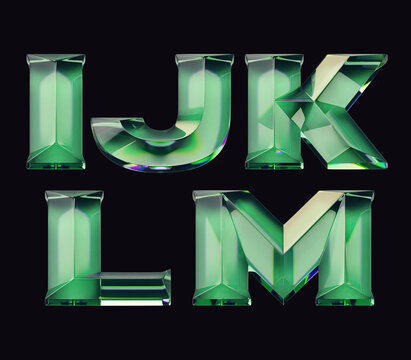 3d render of font set with letters made of glossy green glass