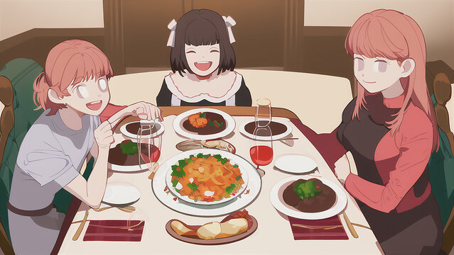 illustration, A family gathered around the dinner table, smiling and sharing a holiday meal