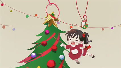 illustration, A child excitedly hanging a handmade ornament on the Christmas tree