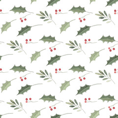 decorative seamless pattern with holly and red berries