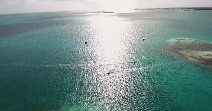 SUNSET TWO RIDERS kiteboard CROSS BLUEWATER SEA, Aerial view LOS ROQUES